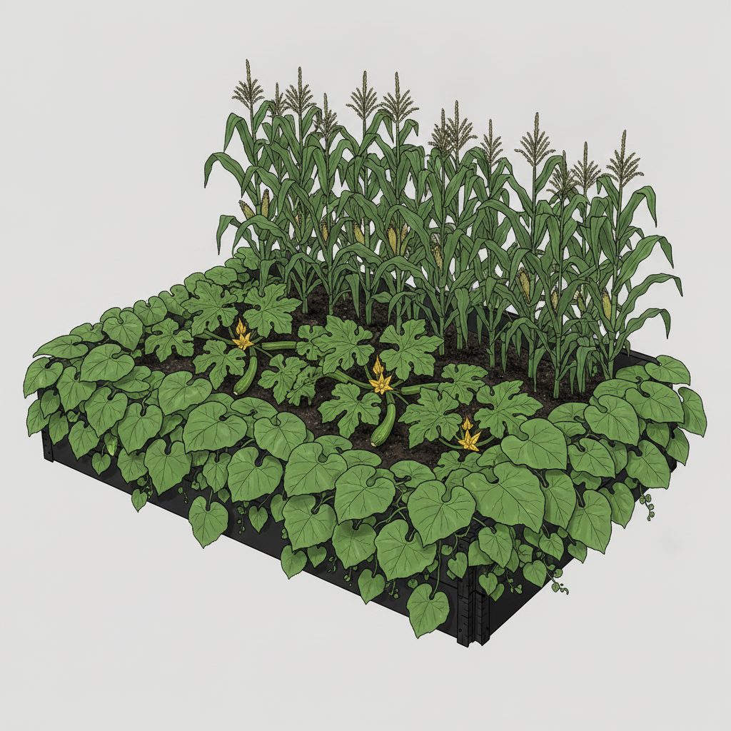 Bed recipe: corn, zucchini and pumpkin — hand-drawn illustration
